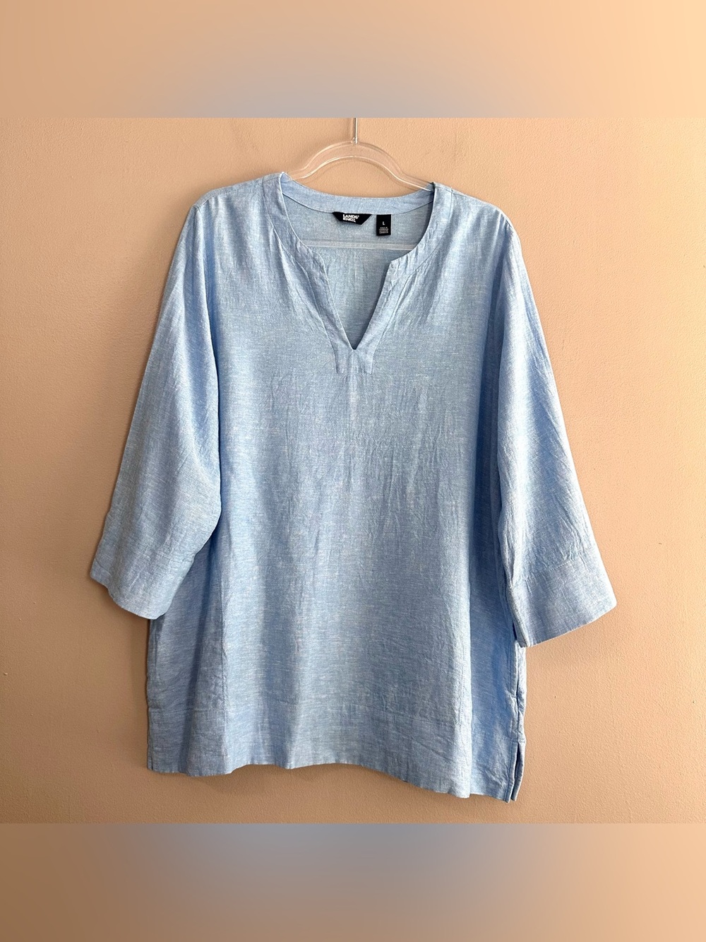 Lands' End Blue Linen Blend Coastal Oversized Beachy Tunic Top Womens Large